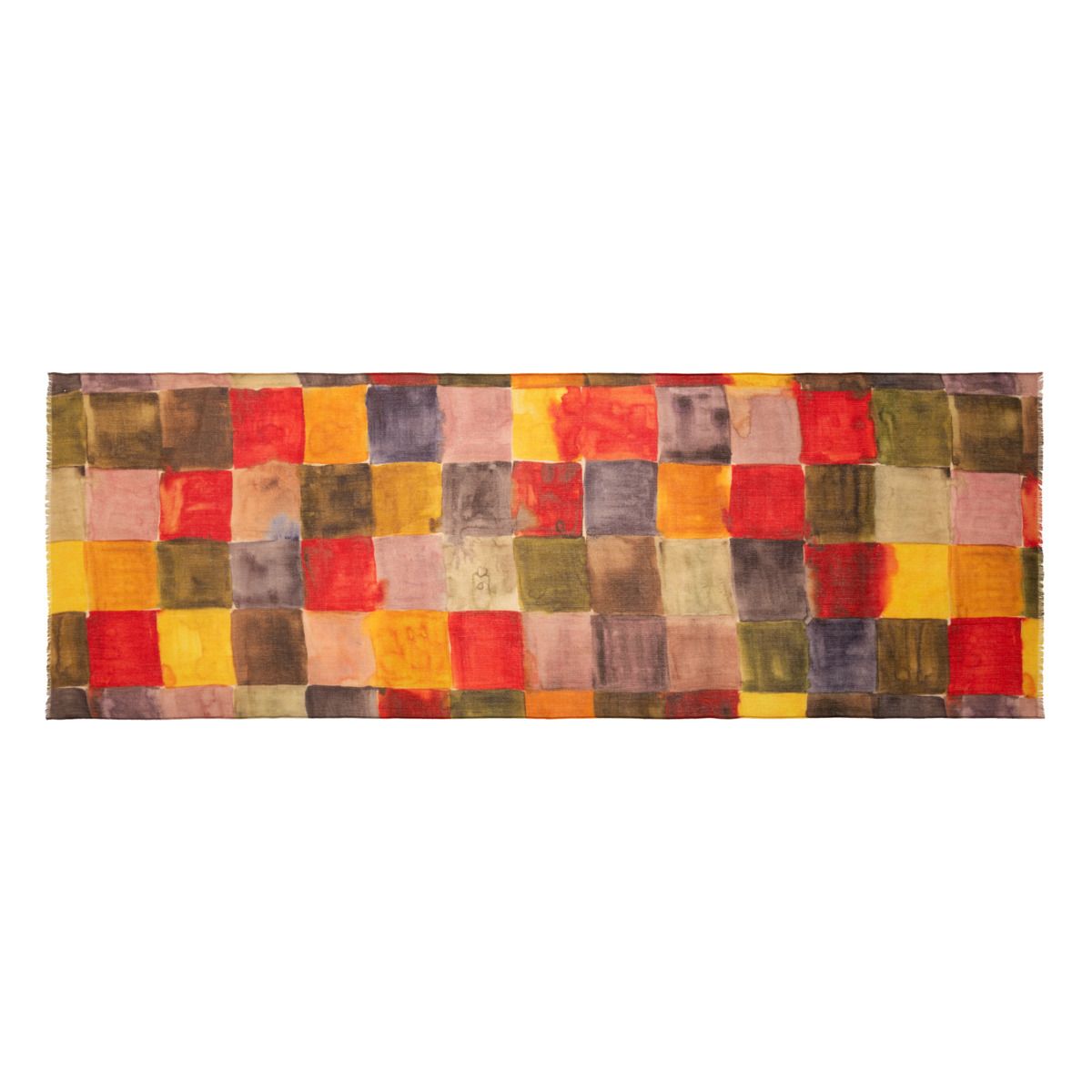 Karierter Wollschal mit Aquarellmuster und Fransen