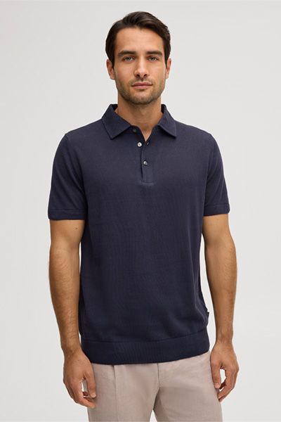 Windsor Marineblaues Leinenmisch-Poloshirt mit Baumwollstrick