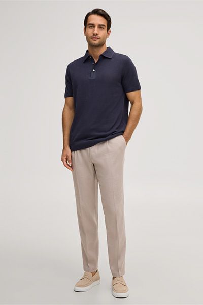 Windsor Marineblaues Leinenmisch-Poloshirt mit Baumwollstrick