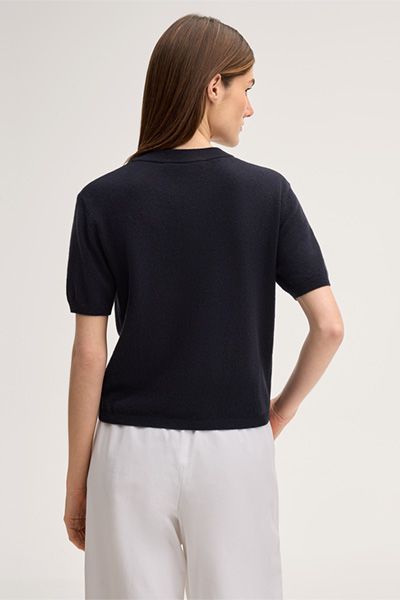 windsor. Marineblaues Kaschmir Kurzarm T-Shirt Rundhals Strickoberteil