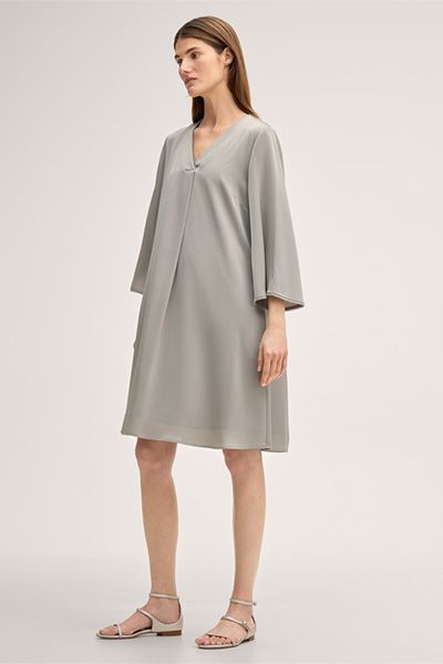 Marc Cain Crêpe A-Linien Kleid in Greige mit Fransen Details