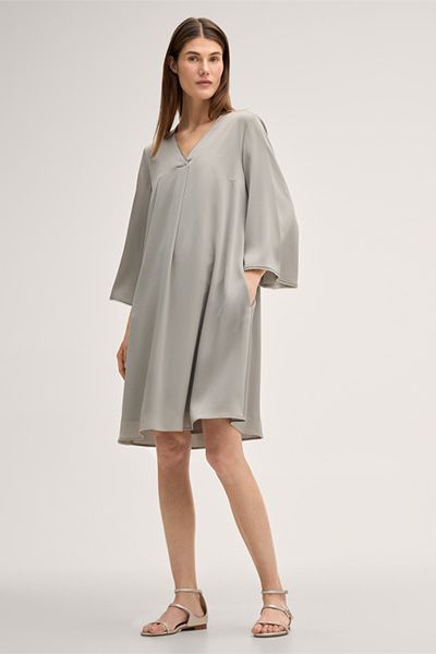 Marc Cain Crêpe A-Linien Kleid in Greige mit Fransen Details