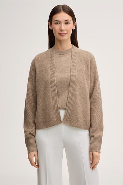 Cashmere Cape Beige Offene Strickjacke Gerippt Fledermausärmel Minimalistisch