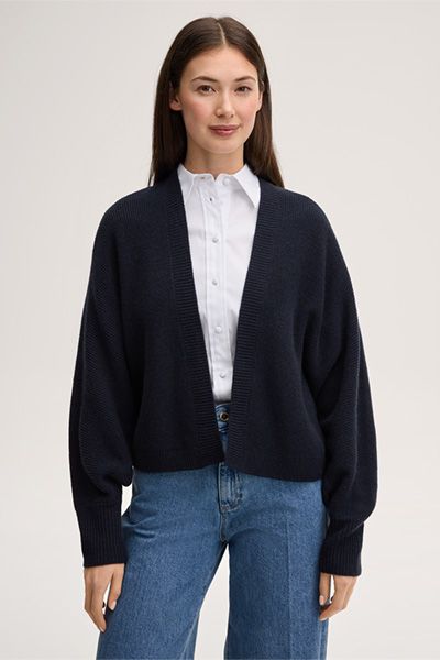 Cashmere-Strickcape in Marineblau mit Ballonärmeln