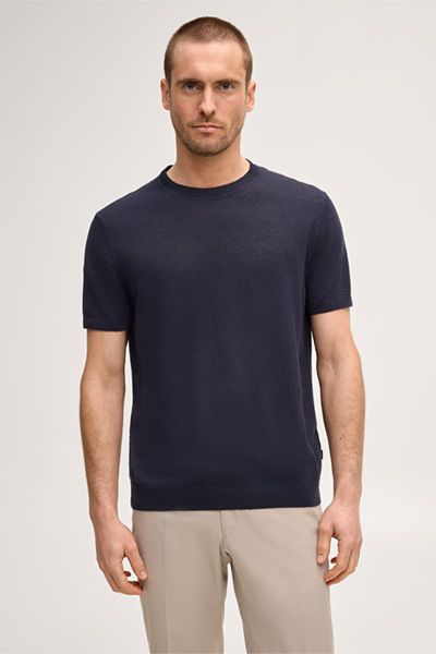 BOSS Lindo Leinen-Baumwollmischung Marineblaues Strick Kurzarm T-Shirt