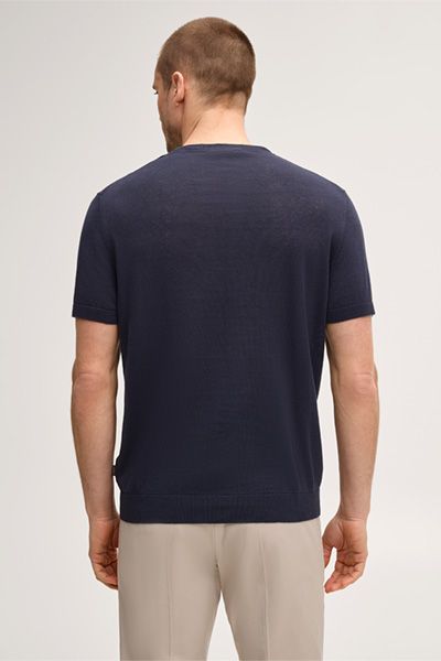 BOSS Lindo Leinen-Baumwollmischung Marineblaues Strick Kurzarm T-Shirt