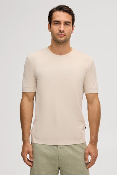 Maison Common Floro Beige Baumwoll T-Shirt Rundhals Gerippt