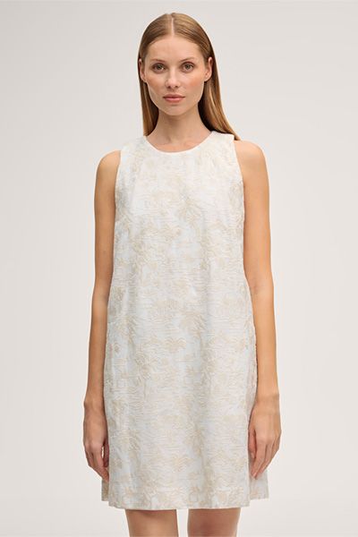 A-Linien-Minikleid aus Baumwollmischung, ärmellos, ecrufarben mit Blumenstickerei