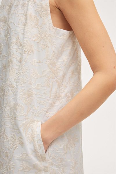 A-Linien-Minikleid aus Baumwollmischung, ärmellos, ecrufarben mit Blumenstickerei