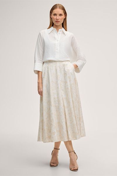 Aprikosenfarbener Baumwollmix-Midi-Rock mit A-Linien-Silhouette