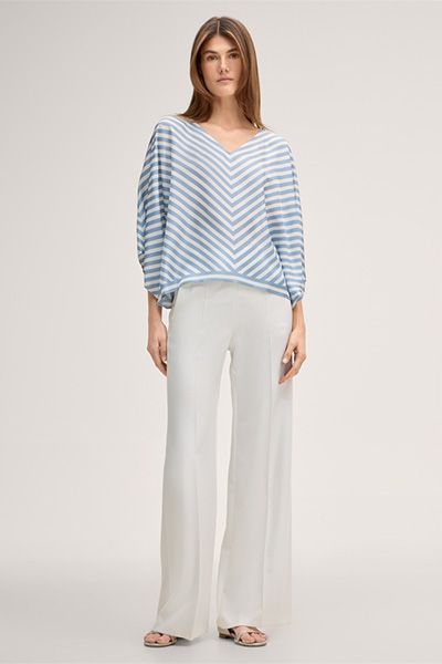 Gestreifte Seidenponcho-Bluse Ecru Hellblau V-Ausschnitt Fledermausärmel