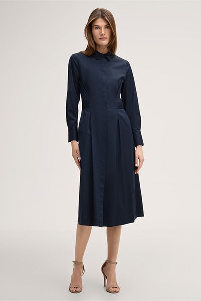 Baumwoll-Stretch-Midi-Hemdblusenkleid mit Kragen in Marineblau