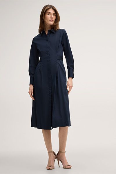Baumwoll-Stretch-Midi-Hemdblusenkleid mit Kragen in Marineblau