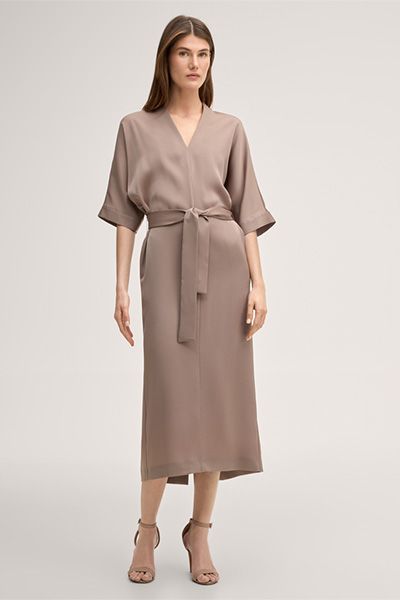 Elegantes Crêpe-Midi-Kaftankleid mit Gürtel in Taupe