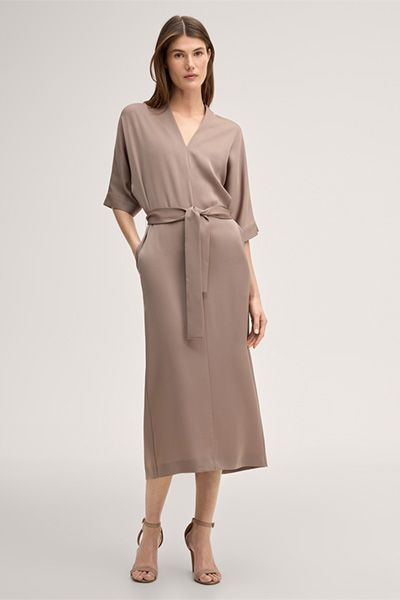 Elegantes Crêpe-Midi-Kaftankleid mit Gürtel in Taupe