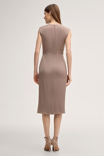 Crêpe-Etui-Midikleid in Taupe mit Wasserfallausschnitt