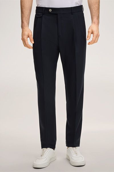 Marineblaue Wollhose Serpo mit Bundfalte und Münztaschendetail