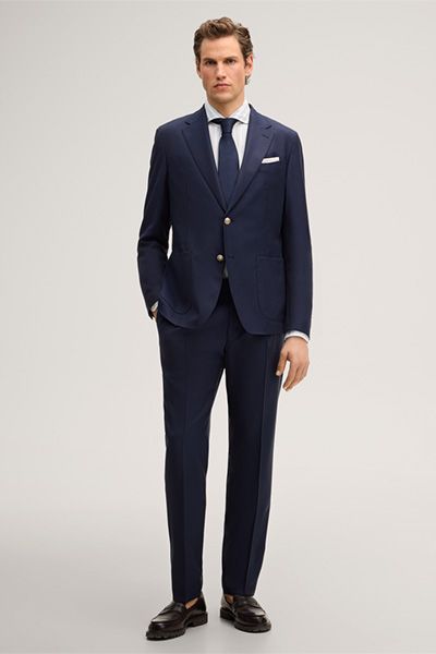 Marineblaue Wollmischung Bundfaltenhose mit Knopfverschluss