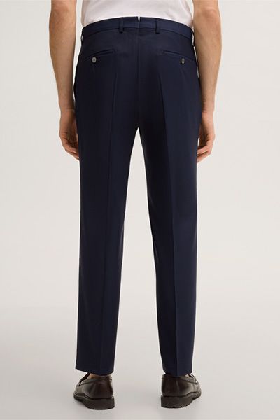 Marineblaue Wollmischung Bundfaltenhose mit Knopfverschluss