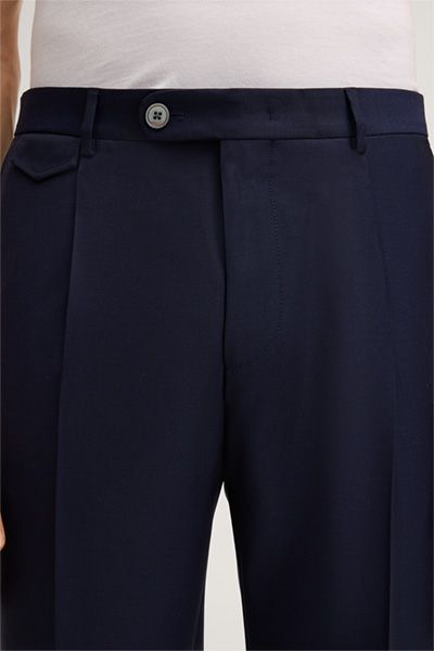Marineblaue Wollmischung Bundfaltenhose mit Knopfverschluss