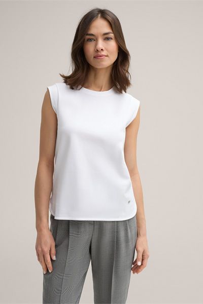 Marc Cain Baumwoll-Interlock Weißes Ärmelloses T-Shirt mit Rundhalsausschnitt