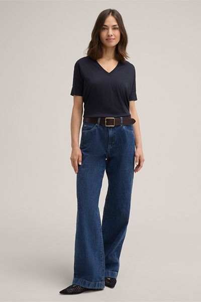 Marc Cain Marineblaues V-Ausschnitt Lyocell-Baumwollmischung T-Shirt Kurzarm