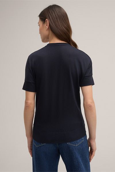 Marc Cain Marineblaues V-Ausschnitt Lyocell-Baumwollmischung T-Shirt Kurzarm