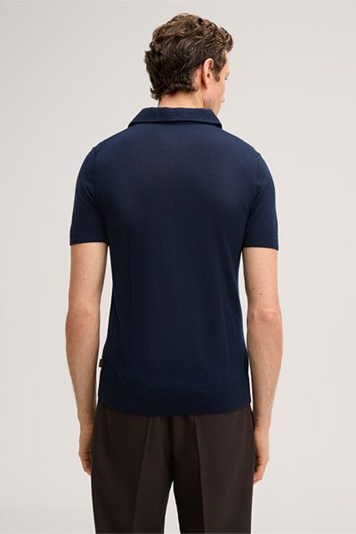 Marineblaues Strickpolohemd aus Baumwolle, Seide und Kaschmirmischung