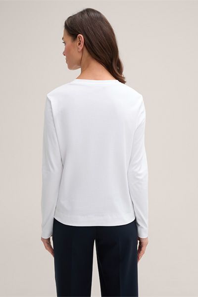 Marc O'Polo Weißes Baumwoll-Interlock Langarmshirt mit Rundhalsausschnitt