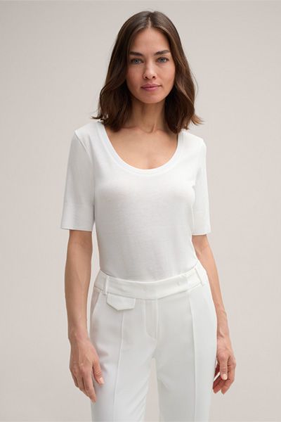 Marc Cain Ecru Lyocell-Baumwoll Strickoberteil mit Rundhalsausschnitt