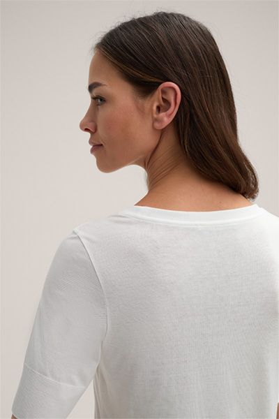 Marc Cain Ecru Lyocell-Baumwoll Strickoberteil mit Rundhalsausschnitt