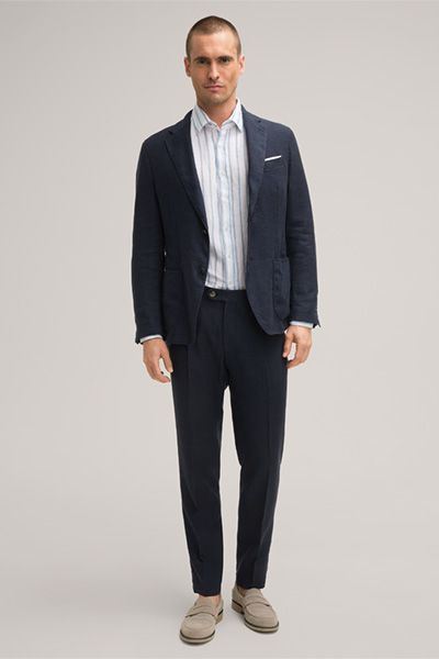 Marineblaue Bundfaltenhose aus Leinenmischung mit Münztasche