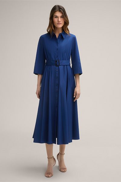 Baumwollstretch-Hemdblusen-Midikleid mit Gürtel in Blau