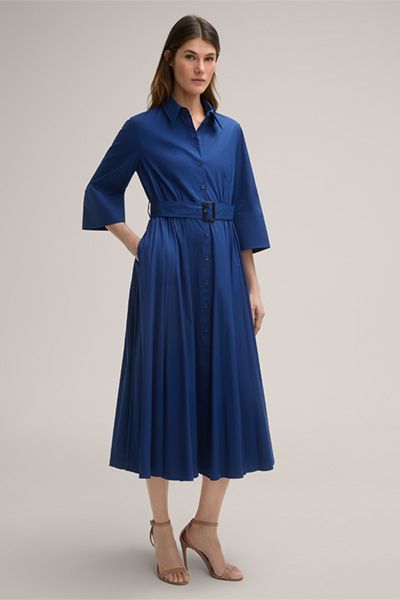 Baumwollstretch-Hemdblusen-Midikleid mit Gürtel in Blau