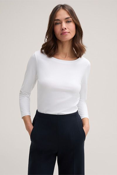 Baumwoll-Interlock-Langarmshirt in Weiß mit Dreiviertelärmeln