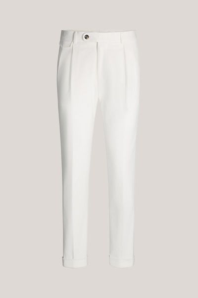 Weiße Baumwollmischung Stoffhose mit Bundfalten, Umschlag und Münztasche