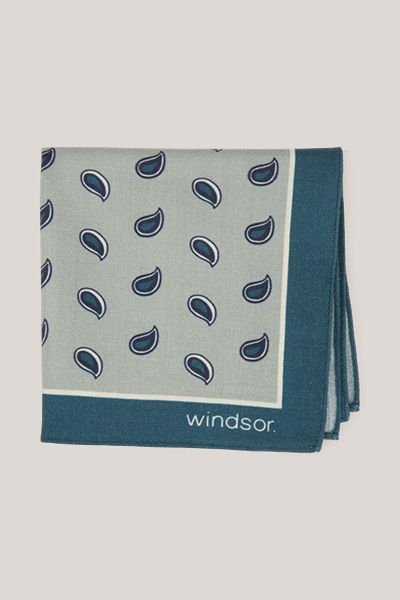 Windsor Einstecktuch aus Wolle Grau-Blau Paisley Muster Logo Bordüre