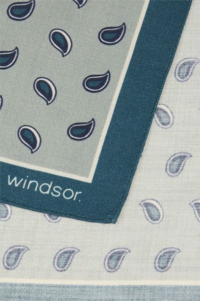Windsor Einstecktuch aus Wolle Grau-Blau Paisley Muster Logo Bordüre