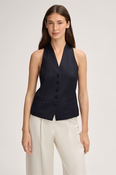 Windsor Marineblaue Wollflanellweste mit V-Ausschnitt und Bindeband