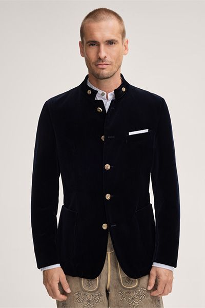 Windsor Marineblaues Trachtenjacke aus Baumwollsamt mit Stehkragen