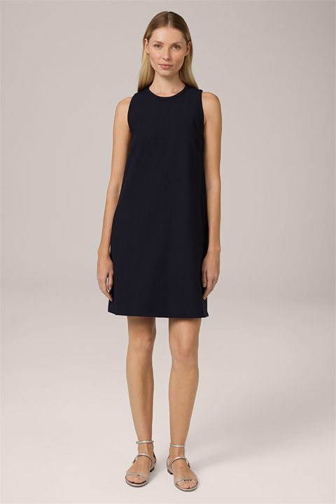 Marineblaues A-Linien-Crêpe-Kleid mit Rundhalsausschnitt und ärmellosem Design