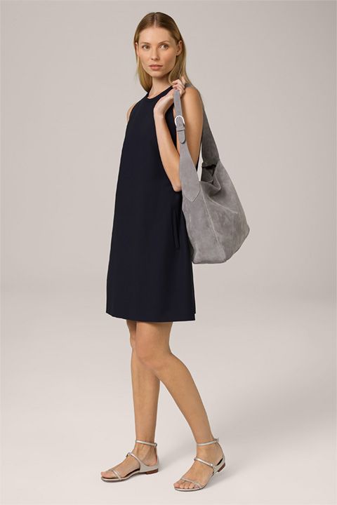 Marineblaues A-Linien-Crêpe-Kleid mit Rundhalsausschnitt und ärmellosem Design