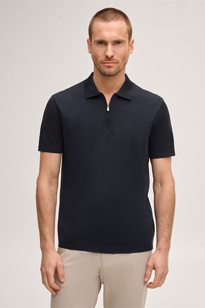 Marineblaues Baumwoll-Poloshirt mit Reißverschluss und kurzen Ärmeln