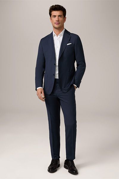 Marineblaue Wollreiseanzugshose Flat-Front Slim-Fit Knitterarm