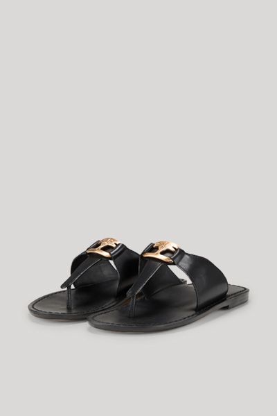 JOOP! Schwarze Zehentrenner-Sandalen aus Leder mit goldener Logoschnalle