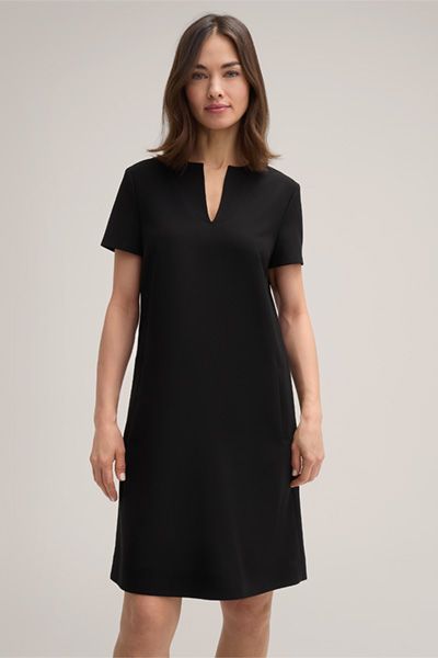 Crêpe A-Linien-Kleid in Schwarz mit V-Ausschnitt und kurzen Ärmeln