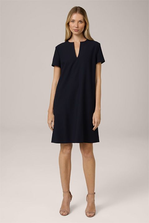 Marineblaues A-Linien-Crêpe-Kleid mit kurzen Ärmeln und V-Ausschnitt