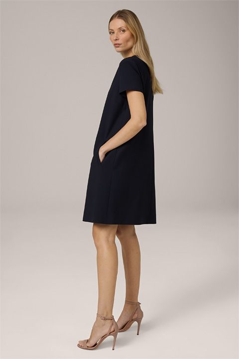 Marineblaues A-Linien-Crêpe-Kleid mit kurzen Ärmeln und V-Ausschnitt