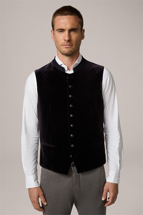 Ammersee Weste Marineblau-Bordeaux gemustert Stehkragen Traditionelle Trachtenweste