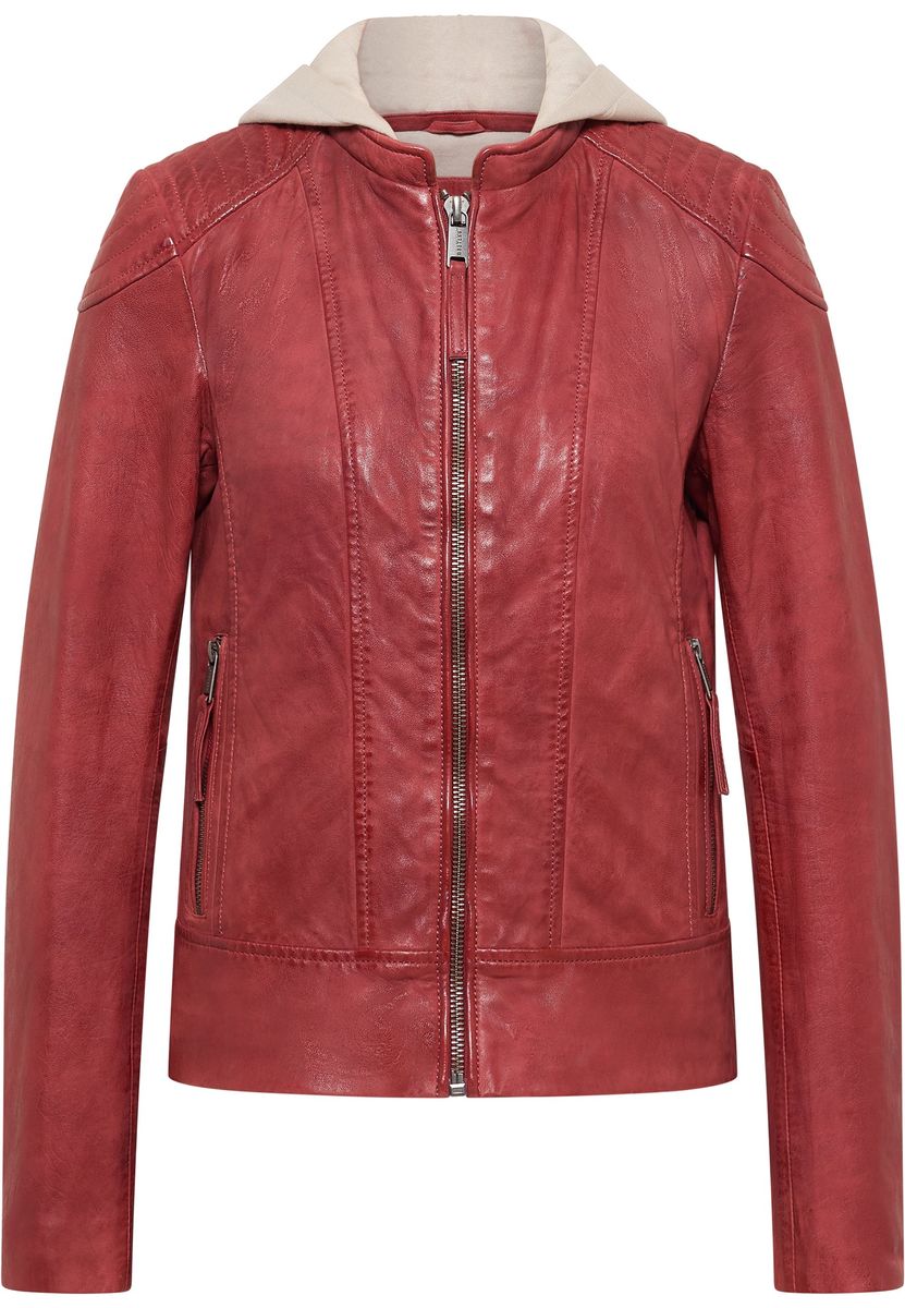 Rote Leder Bikerjacke mit Kapuze